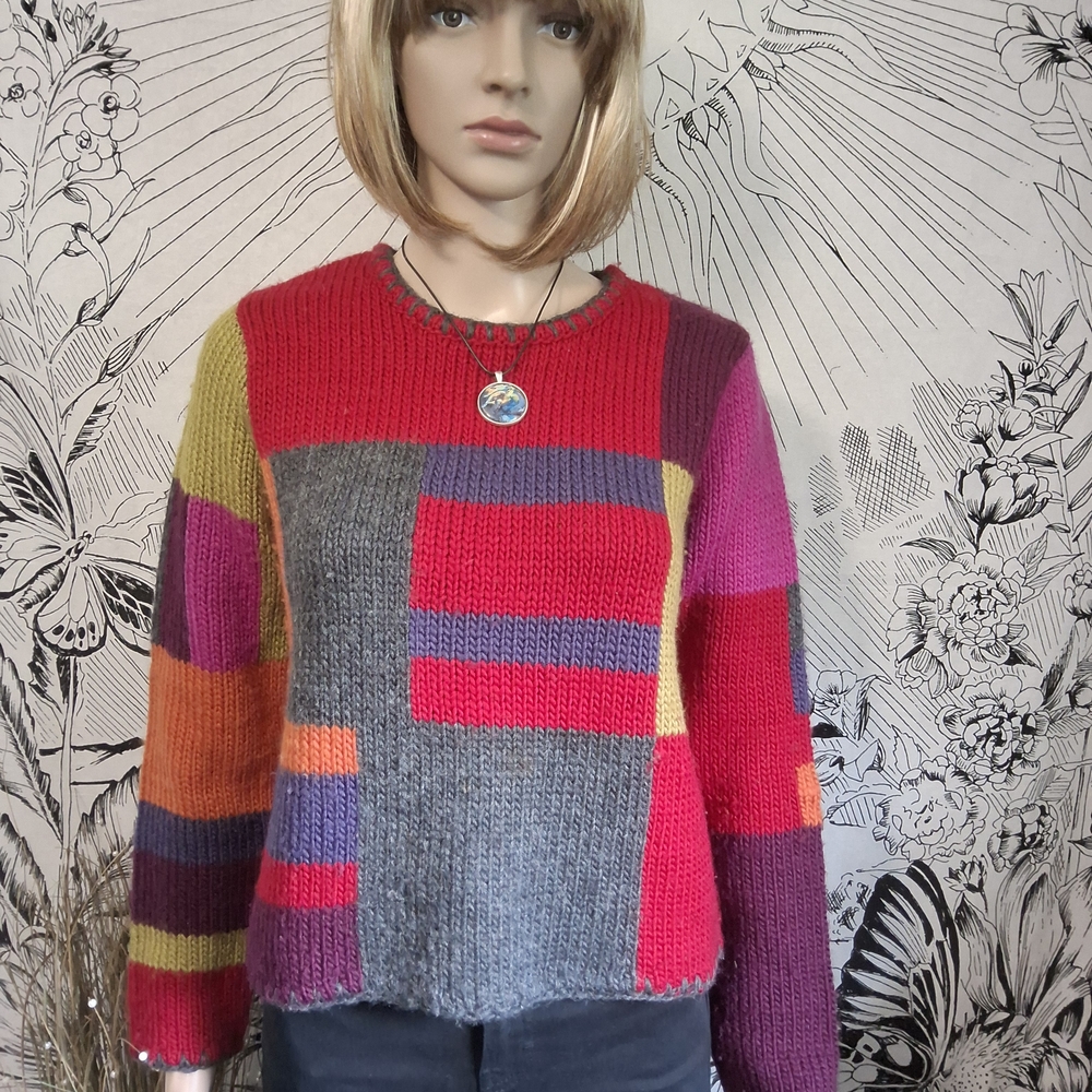 EUC Vintage Valarie Stevens Vibrant Multicolor Patchwork Wool Sweater Petite Med